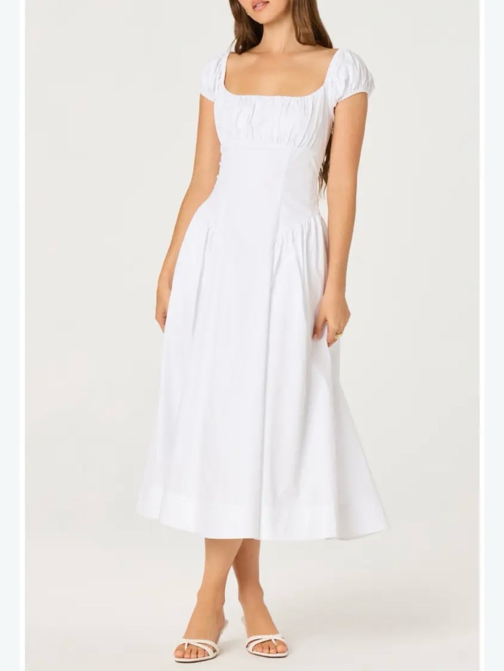 Square-Neck White Midi Dress with Puff Sleeves
